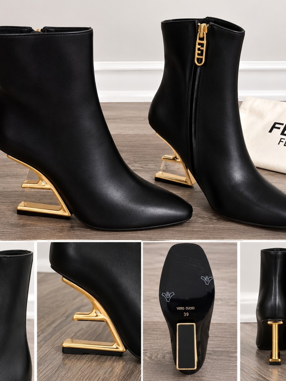 Luxury Black FENDI  Ankle Boots with Gold Sculpted Heel